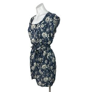 Castro Blue Floral Print Sleeveless Pearl Button Elastic Waist Mini Dress Sz 12